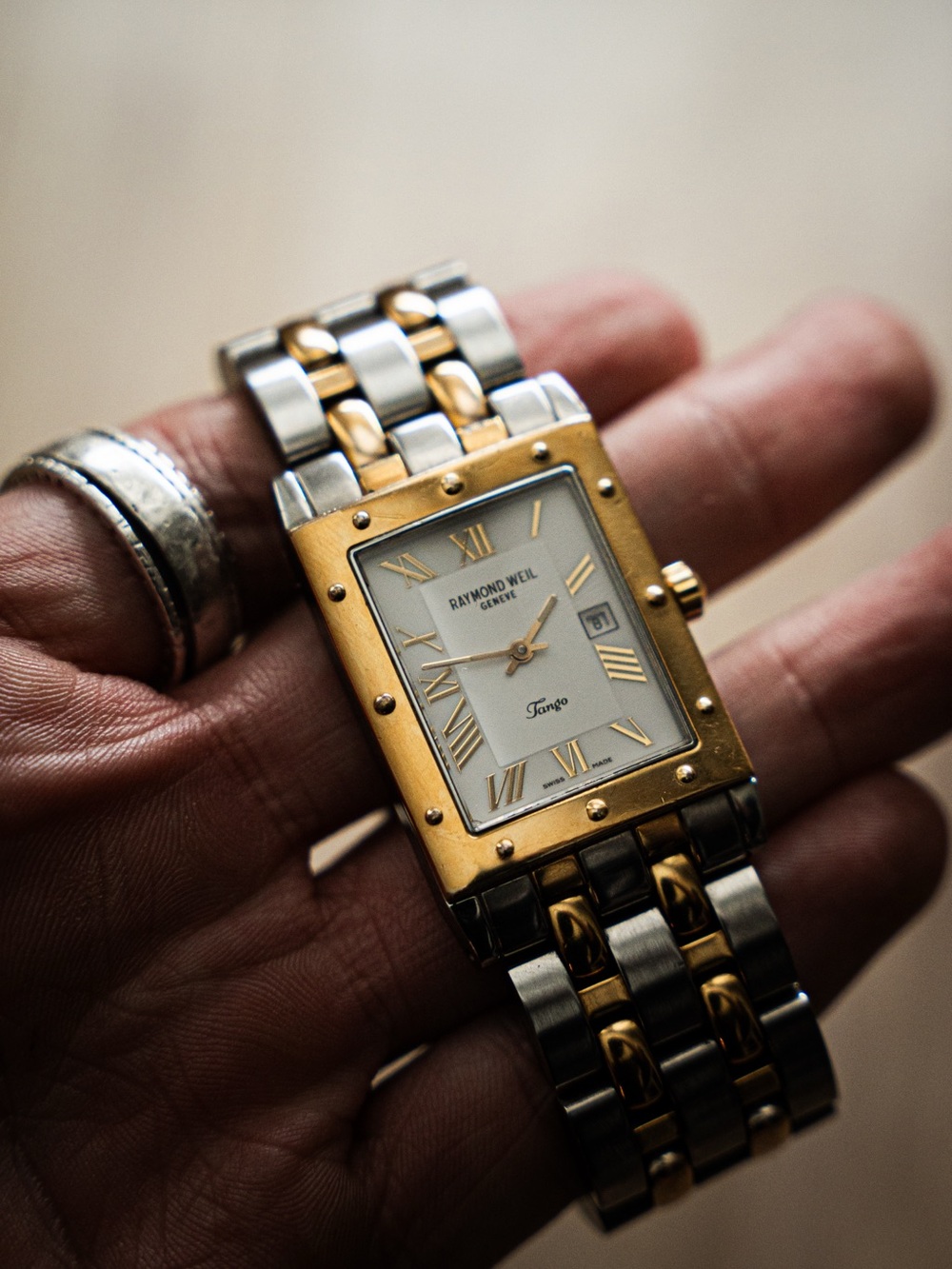 Raymond Weil Two-Tone Gold and Silver Rectangular Men's Watch